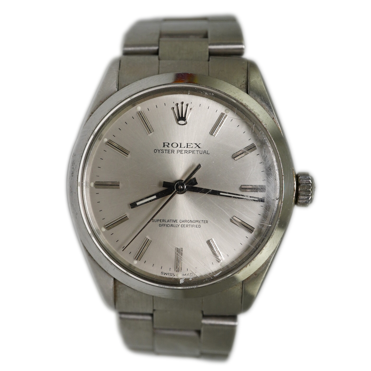 A gentleman's early 1980's stainless steel Rolex Oyster Perpetual wrist watch, on a stainless steel Rolex bracelet